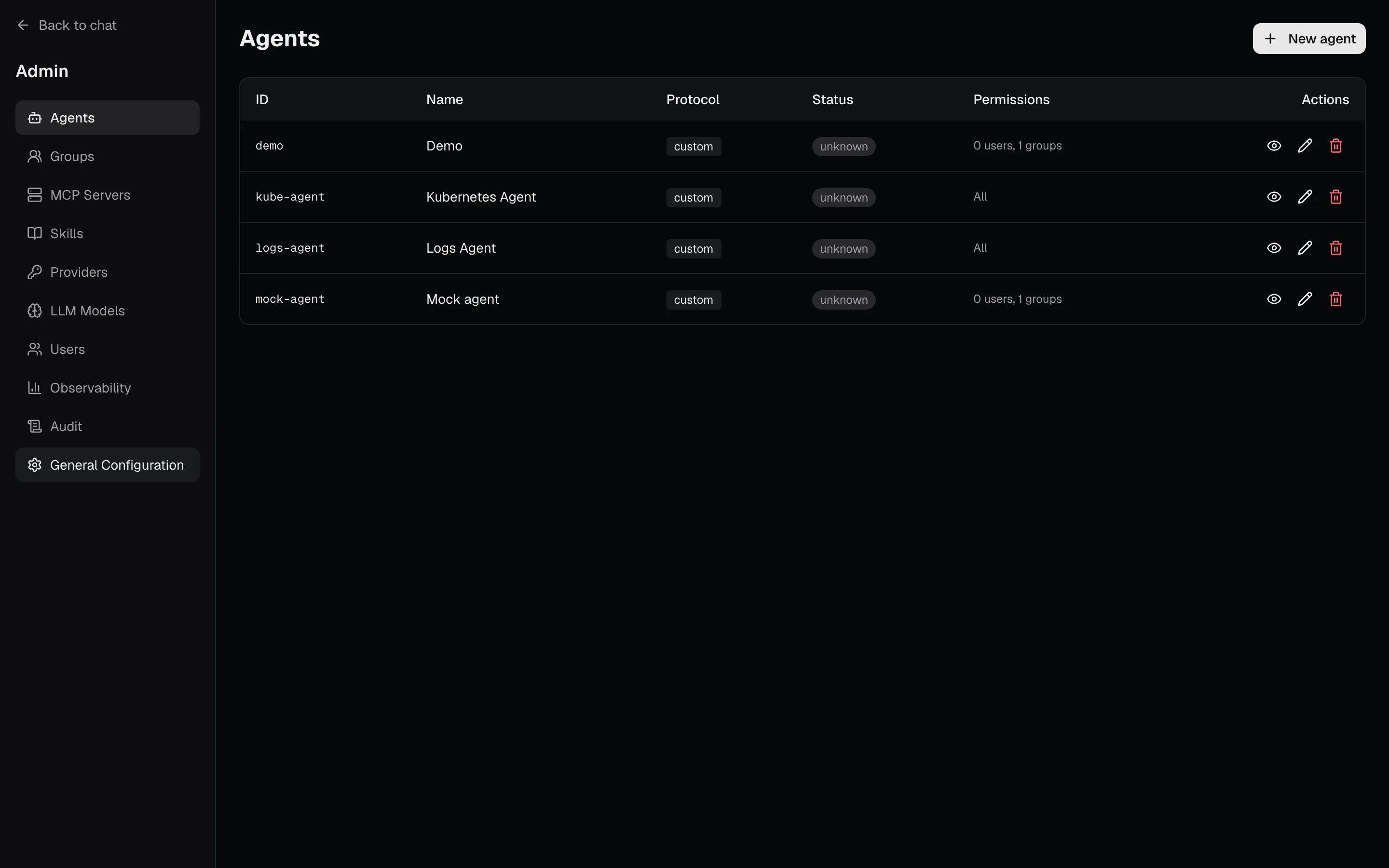 Admin panel listing registered agents with their protocol, status and permissions.