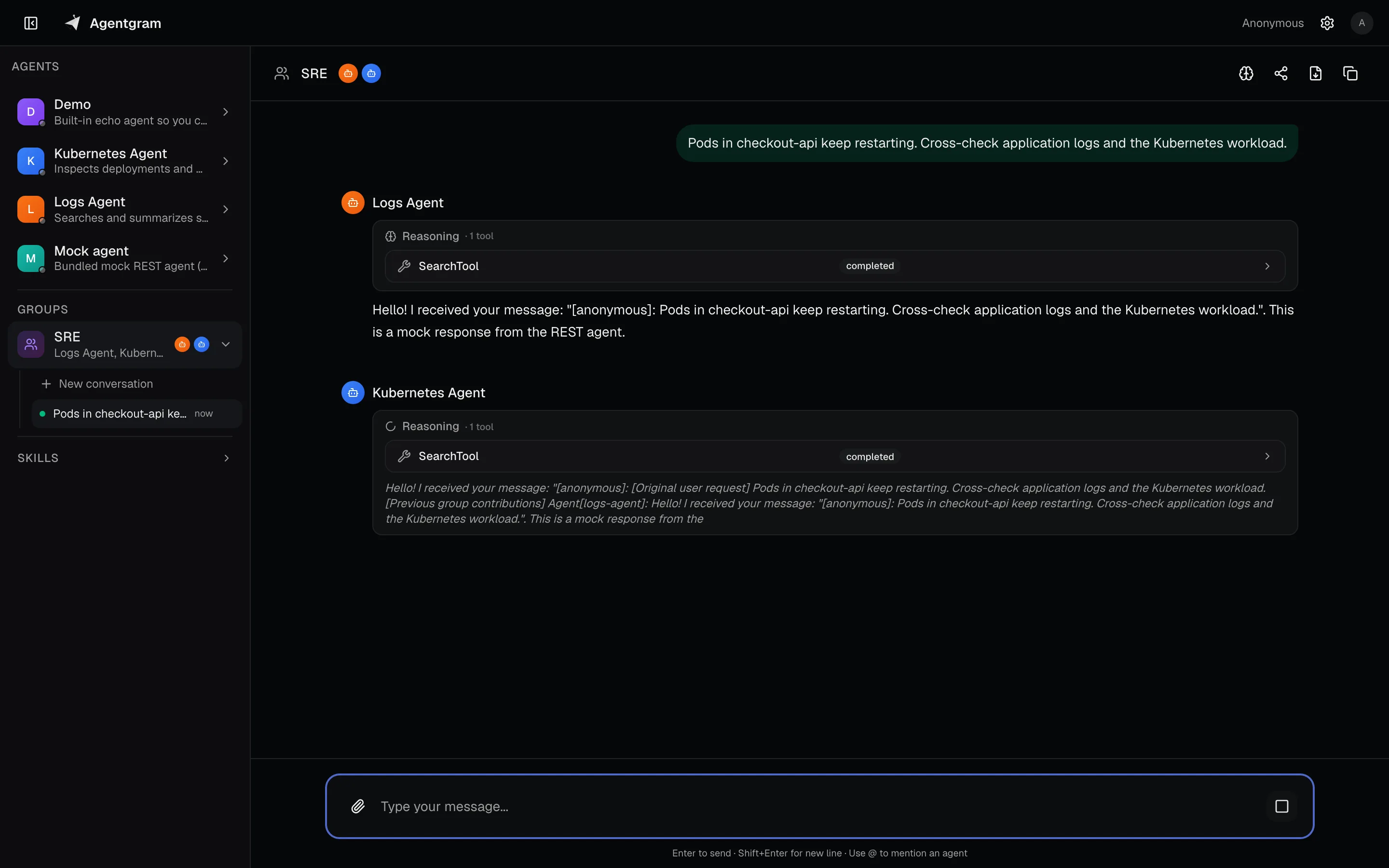 A smart group debate: the LLM moderator picks Logs then Kubernetes, each agent seeing the other's reply.