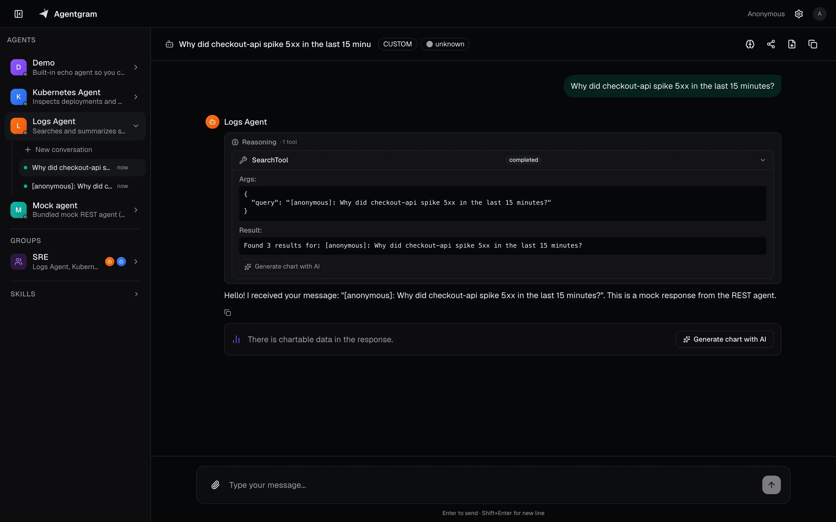 Chatting with a single agent: streaming answer with a SearchTool call, reasoning, and a generate-chart action.